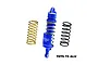 A blue GPM Racing aluminium rear shock absorber for an RC motorcycle, shown with two additional springs in gold and black against a white background.