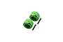 Two green anodized aluminium RC front wheel hex adapters with 7.5mm engraved on them, accompanied by two flat-head screws.