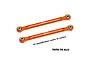 Two orange anodized aluminium RC steering toe links by GPM Racing, featuring metal pivot balls at each end.
