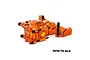 An orange anodized aluminium front bulkhead assembly for an RC car by GPM Racing, featuring 7075-T6 aluminium construction.