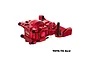 A red anodized aluminium front bulkhead for an RC car by GPM Racing, featuring a complex machined design with black hardware.
