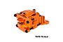 An orange anodized aluminium rear bulkhead assembly for an RC car by GPM Racing, shown against a white background.