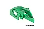 A green anodized aluminium integrated motor base for an RC car, featuring a circular motor mount pattern and GPM branding.