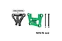GPM Racing aluminium front bulkhead and bumper mount brace set in green, featuring two metal brackets and two long screws on a white background.