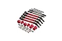 GPM Racing RC upgrade kit featuring red aluminium driveshafts, wheel hexes, steel steering links, bearings, and hardware on a white background.