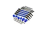GPM Racing upgrade kit featuring blue aluminium CVD driveshafts, wheel hexes, steering links, bearings, and hardware on a white background.