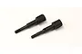 Two black metal rear wheel axles for an RC car, shown side-by-side on a white background.