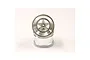 Two Kyosho 2.2-inch rear RC buggy rims with a satin chrome finish stacked on a white background.