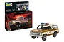 Revell 1/25 scale Stranger Things Jim Hopper's 1985 Chevrolet K5 Blazer model kit box and the fully assembled model vehicle.