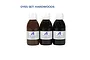 Three 125ml bottles of Artesania Latina wood dye in Oak, Sapele, and Walnut shades against a white background.