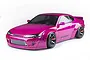 A magenta MST RMX 2.5 Nissan S15RB RC drift car on a white background, featuring a wide-body kit, black wheels, and tinted windows.