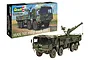 Revell 1/35 scale MAN 10t milgl 8x8 truck model kit box and the fully assembled, painted model truck with a crane.