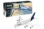 Revell 1/144 scale Airbus A380-800 Lufthansa model kit box and a fully assembled model aircraft on a white background.