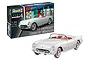 A Revell 1/24 scale 1953 Chevrolet Corvette Roadster plastic model kit box next to a fully assembled and painted white model car.