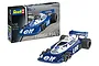 Revell 1/32 scale Tyrrell P34/2 Formula 1 model kit box and a fully assembled, painted model car on a white background.