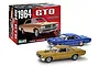 Revell 1/24 scale 1964 Pontiac GTO model kit box with two finished model cars in blue and gold displayed in front.