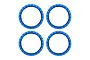 Four blue anodized aluminium beadlock rings for Traxxas RC wheels arranged in a square pattern against a white background.
