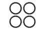 Four black Traxxas aluminium beadlock rings arranged in a square formation against a white background.
