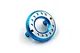 A blue and silver anodized aluminium motor mount for RC cars, featuring a circular design with multiple adjustment holes.