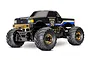 Traxxas Bigfoot 50th Anniversary edition RC monster truck in black with gold and blue decals, featuring large treaded tires and gold rims.