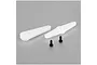 Two white plastic servo horns and two small black metal screws on a grey background.