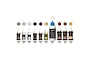A collection of ten OcCre model paints, varnishes, and wood dyes arranged in a row with color swatches above each bottle against a white background.