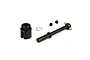 Losi centre drive shaft set including a black drive cup, metal shaft with ball end, silver washer, and two small grub screws on a white background.