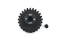 A black Yeah Racing 25T 1Mod steel pinion gear with a small grub screw on a white background.