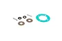Losi DBXL differential seal rebuild kit components including O-rings, metal washers, pins, and a green gasket on a white background.