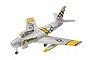 FMS F-86 Sabre The Huff RC EDF jet model in silver with yellow accents and dragon nose art, viewed from a high angle.