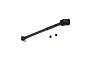 A black Losi rear centre drive shaft with a universal joint and two small grub screws on a white background.
