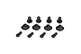 A set of black plastic RC shock parts including spring retainers, shock caps, and rod ends arranged on a white background.