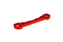 A red anodized aluminium front hinge pin brace for an RC car, shown from an angled perspective against a white background.