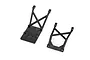 Two black plastic Traxxas RC skid plates, one with a flat base and one with an open frame design, isolated on a white background.