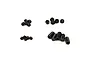 A collection of various black metal grub screws arranged in four small groups on a white background.