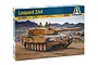 Italeri 1/35 scale Leopard 2A4 combat tank plastic model kit box, featuring a tan and camouflage tank in a rocky landscape.