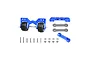 GPM Racing blue aluminium adjustable rear wheelie bar kit for RC cars, including wheels, mounting brackets, screws, and nuts on a white background.