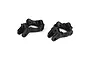 Two black plastic RC car front spindle carriers shown from a high angle against a white background.