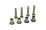 A set of four metal king pins and four metal bushings for an RC vehicle, arranged on a white background.