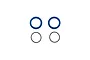 Two blue anodized aluminium shock collars and two black rubber O-rings for RC car suspension, arranged on a white background.