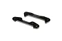 Two black anodized aluminium front hinge pin braces for a Losi RC vehicle, shown from an angled perspective against a white background.