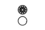 A black plastic differential case and a matching circular gasket for a Team Associated RC car.