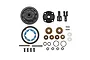 A complete Team Associated differential set including a gear housing, internal bevel gears, outdrives, screws, and various small hardware components.