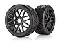 Two Rovan 5-inch on-road RC car wheels with black multi-spoke rims and treaded rubber tyres, isolated on a white background.
