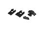 A set of four black plastic RC centre differential mount parts on a white background.
