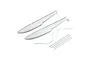 E-Flite float set for RC planes including two white foam floats and metal mounting struts on a white background.