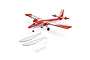 E-Flite DHC-6 Twin Otter RC plane in red and white livery with landing gear installed and a separate float set with mounting hardware in the foreground.