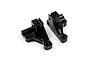 Two black anodized aluminium RC front lower arm mounts by Yeah Racing, shown from an elevated angle on a white background.