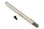 A silver metal RC shock shaft and a small black screw on a white background.