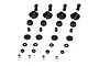 A set of black plastic RC shock absorber components including shock caps, spring retainers, pistons, spacers, and metal ball ends arranged on a white background.